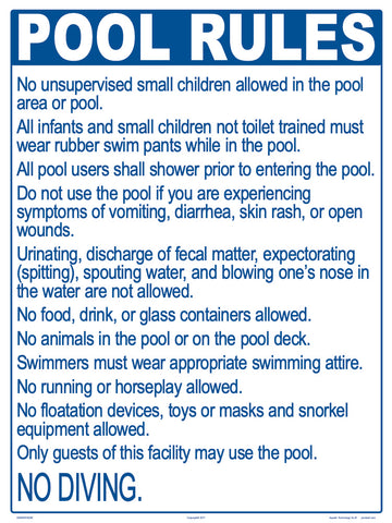 Maine Pool Rules for No Diving Pools Sign - 18 x 24 Inches on Styrene Plastic