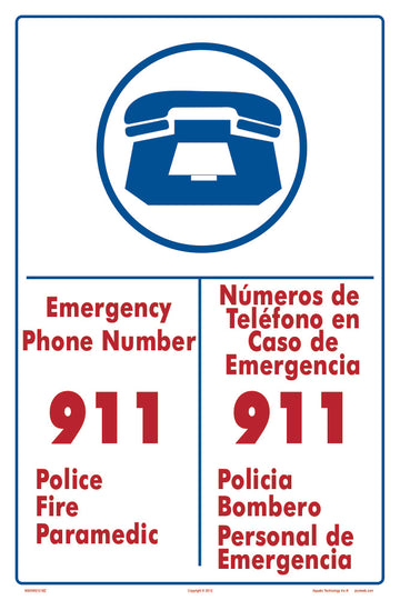 Emergency Phone Number 911 Sign in English/Spanish - 12 x 18 Inches on Heavy-Duty Aluminum