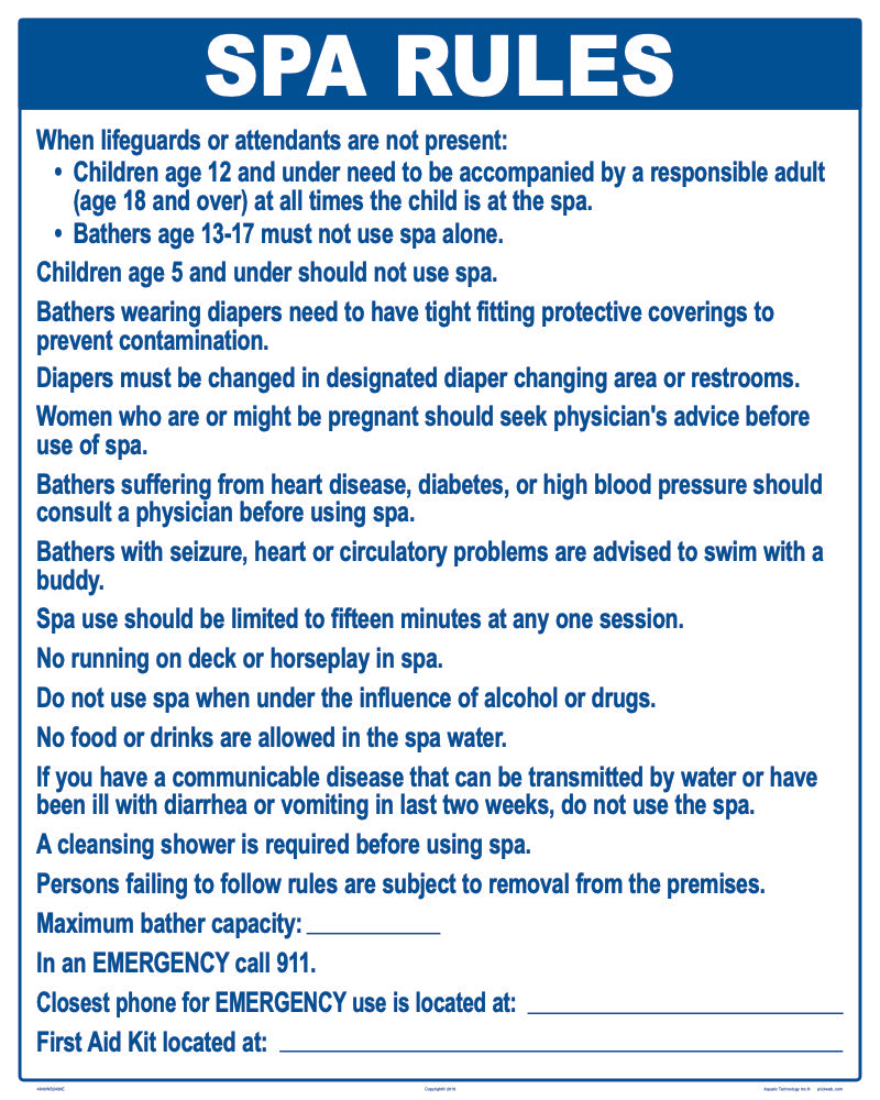 Washington Spa Rules Sign - 24 x 30 Inches on Styrene Plastic (Customize or Leave Blank)