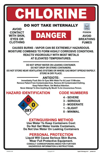 Chlorine Danger Instruction Sign - 12 x 18 Inches on Adhesive Vinyl