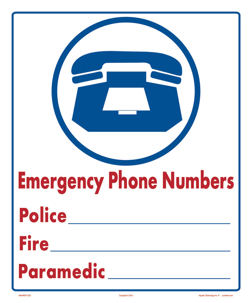 Emergency Phone Numbers Sign - 10 x 12 Inches on Styrene Plastic