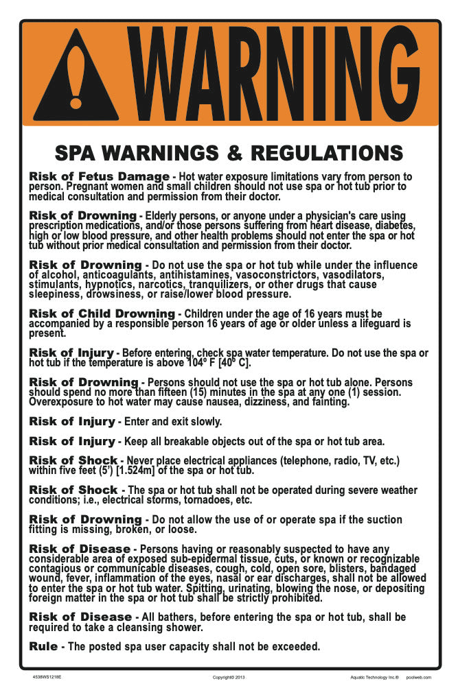 Illinois Spa Warnings and Regulations Sign - 12 x 18 Inches on Heavy-Duty Aluminum