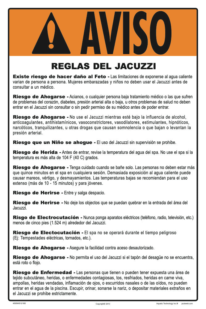 Spa Warnings and Regulations Sign in Spanish - 12 x 18 Inches on Heavy-Duty Aluminum