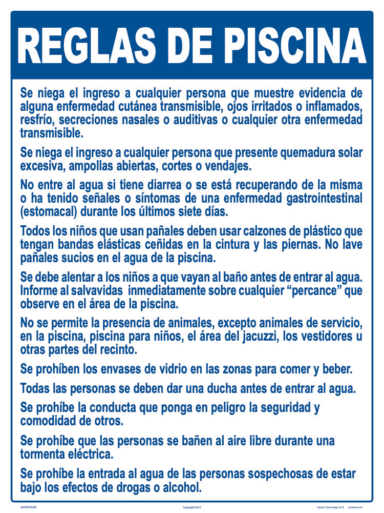 New Jersey Pool Rules Sign in Spanish - 18 x 24 Inches on Styrene Plastic