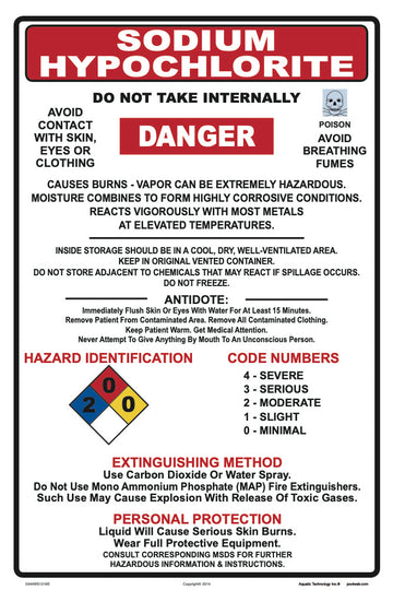Sodium Hypochlorite Danger Instruction Sign - 12 x 18 Inches on Heavy-Duty Aluminum