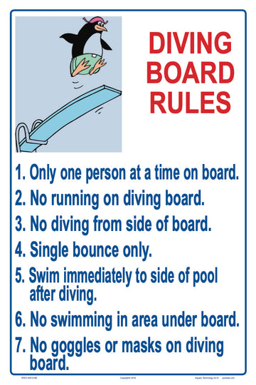 Diving Rules With Penguin Sign - 12 x 18 Inches on Heavy-Duty Aluminum