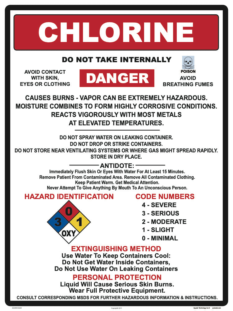 Chlorine Danger Instruction Sign - 18 x 24 Inches on Styrene Plastic
