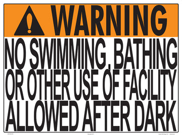 No Swimming After Dark Warning Sign - 24 x 18 Inches on Styrene Plastic