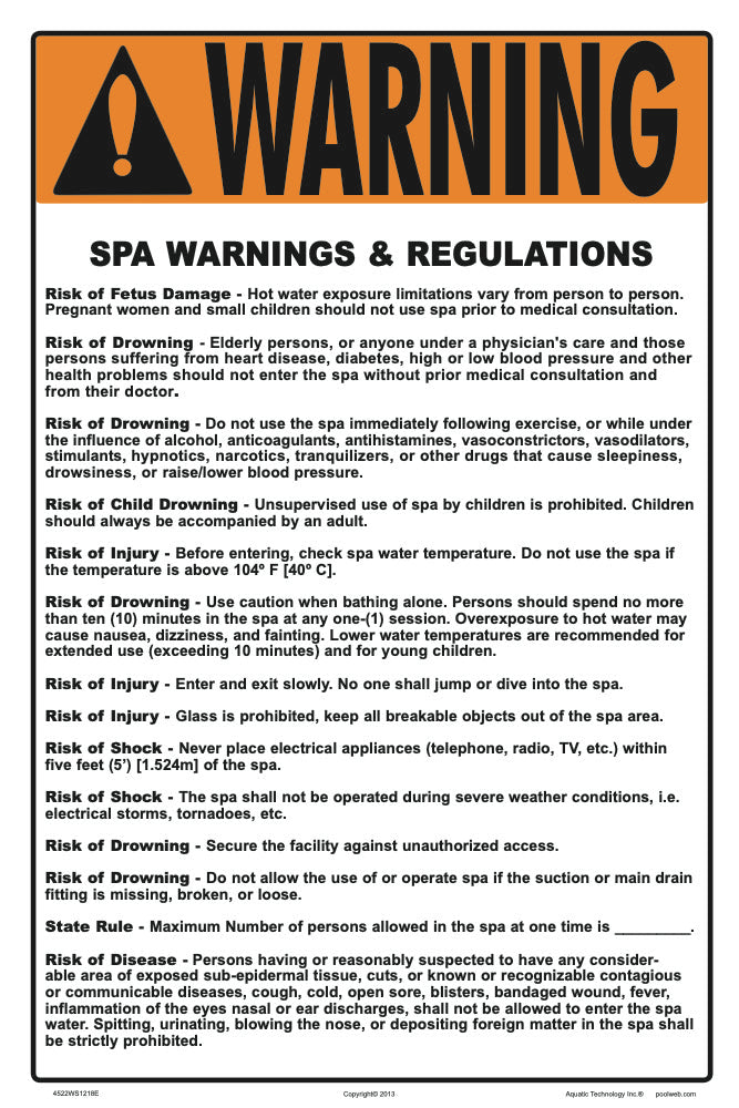 Iowa and Maryland Spa Warnings and Regulations Sign - 12 x 18 Inches on Heavy-Duty Aluminum