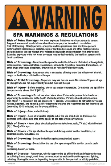 Nevada Spa Warnings and Regulations Sign - 12 x 18 Inches on Styrene Plastic