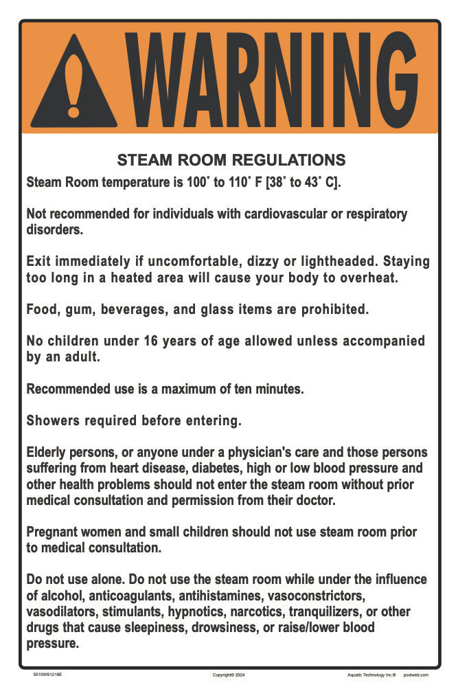 Steam Room Regulations Warning Sign - 12 x 18 Inches on Styrene Plastic