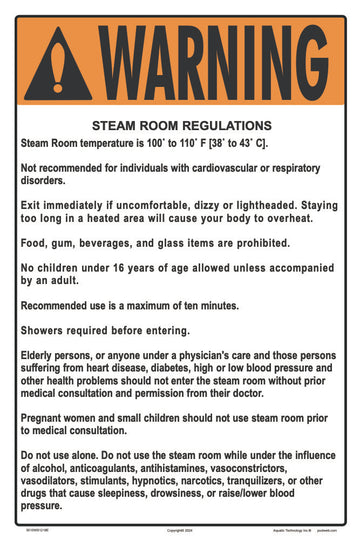 Steam Room Regulations Warning Sign - 12 x 18 Inches on Styrene Plastic