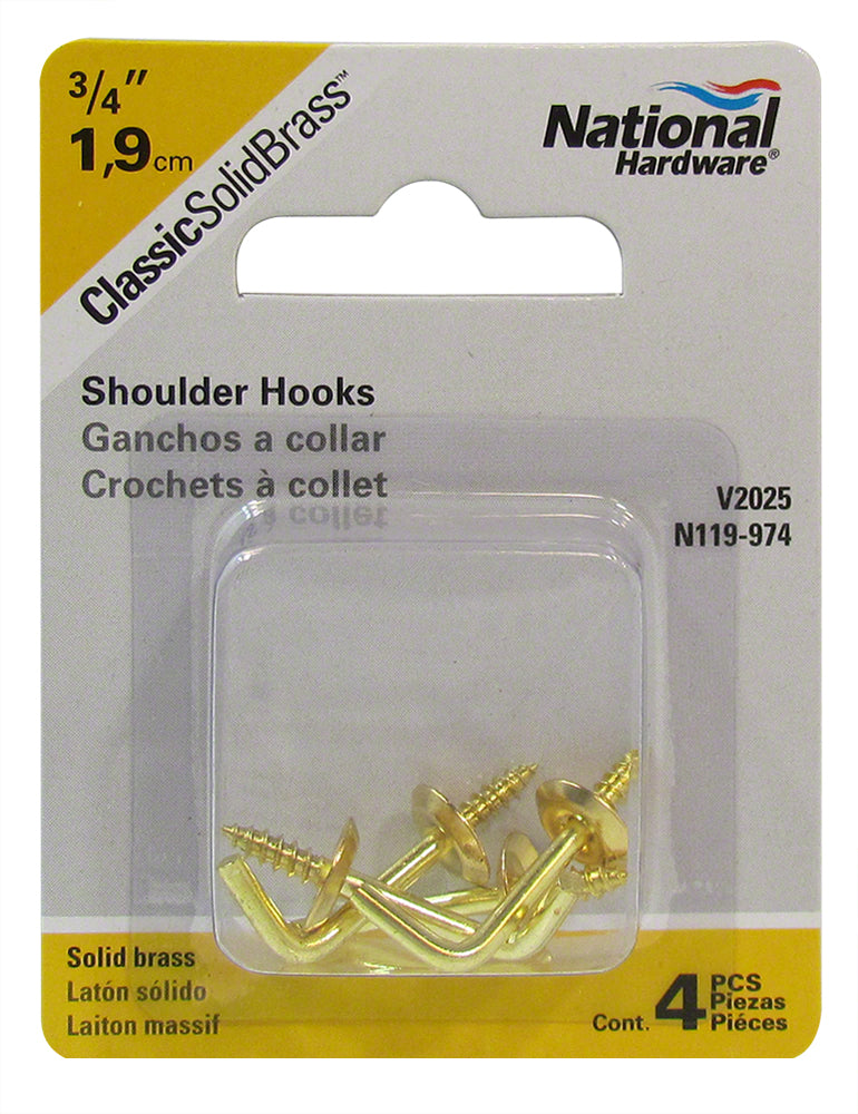 Solid Brass Shoulder Hooks - 3/4 Inch - Pack of 4