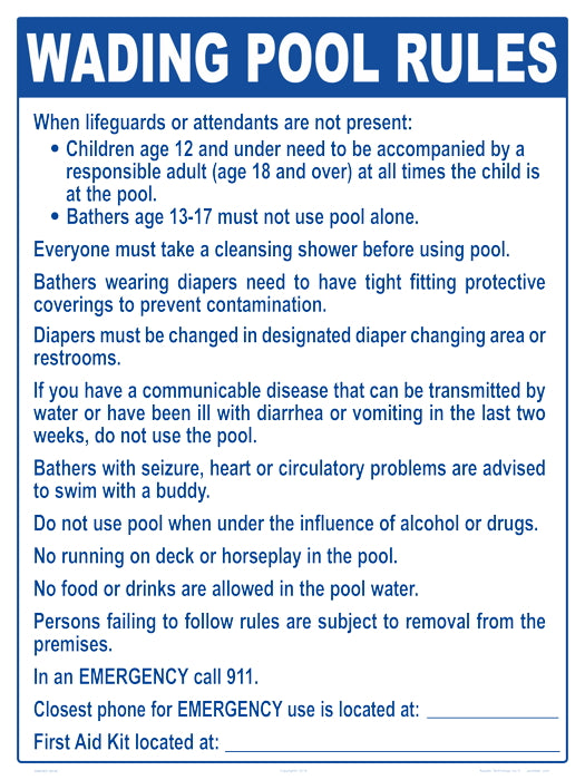 Wading Pool Rules Aluminum Sign - 18x24 Inch