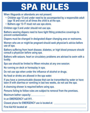 Washington Spa Rules Sign - 24 x 30 Inches on Heavy-Duty Aluminum (Customize or Leave Blank)