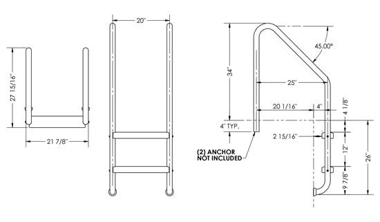 2-Step 25 Inch Wide Standard Ladder 1.50 x .083 Inch - Marine Grade