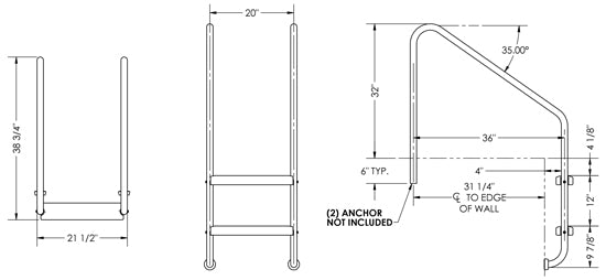 2-Step 35 Inch Wide Standard Ladder 1.50 x .120 Inch - Marine Grade