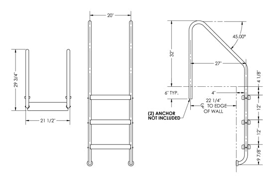 3-Step 27 Inch Wide Standard Ladder 1.50 x .120 Inch - Marine Grade