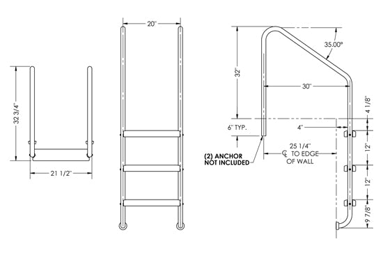 3-Step 30 Inch Wide Standard Ladder 1.50 x .120 Inch - Marine Grade