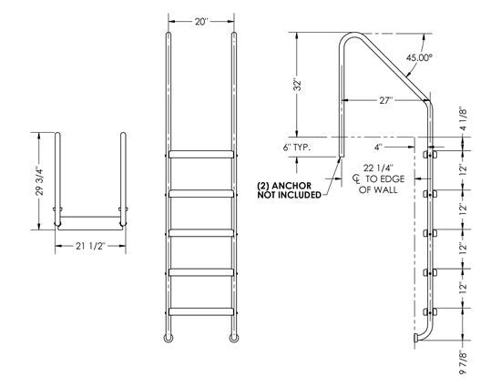 5-Step 27 Inch Wide Standard Ladder 1.50 x .120 Inch - Marine Grade