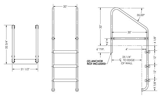 3-Step 30 Inch Wide Cross-Braced Heavy-Duty Ladder 1.50 x .120 Inch - Marine Grade