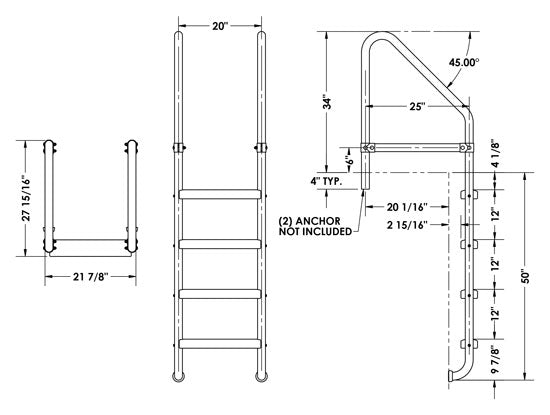 4-Step 25 Inch Wide Cross-Braced Heavy-Duty Ladder 1.90 OD x .109 Inch