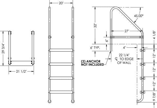 4-Step 27 Inch Wide Cross-Braced Heavy-Duty Ladder 1.50 x .083 Inch - Marine Grade