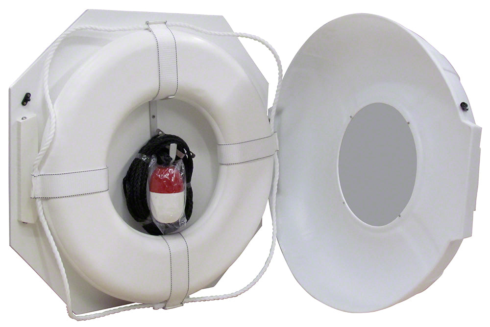 Safety Station Cabinet Equipped With 24 Inch USCG Life Ring Buoy and Throw Line - White