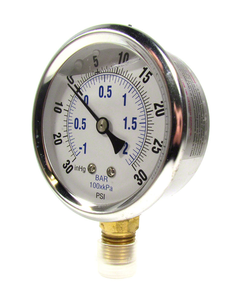 -30 to 30 PSI Liquid Filled Vacuum/Pressure Gauge - 1/4 Inch Bottom Mount - 2-1/2 Inch Face - Stainless Steel Case