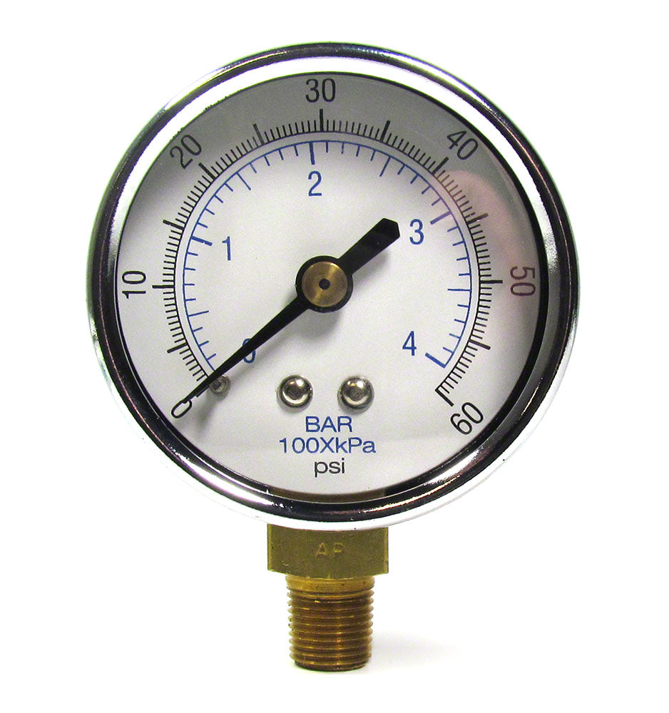 0 to 60 PSI Pressure Gauge - 1/4 Inch Bottom Mount - 2 Inch Face - Poly Case