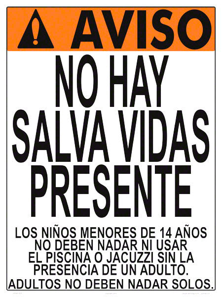 Virginia/West Virginia No Lifeguard Warning Sign in Spanish (14 Years and Under) - 18 x 24 Inches on Styrene Plastic