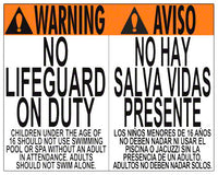 No Lifeguard Warning Sign in English/Spanish (Age 16) - 30 x 24 Inches on Styrene Plastic