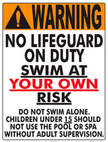 Maryland No Lifeguard Warning Sign (15 Years and Under) - 18 x 24 Inches on Heavy-Duty Aluminum