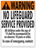 New Mexico No Lifeguard Warning Sign (14 Years and Under) - 18 x 24 Inches on Styrene Plastic (Customize or Leave Blank)