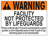 Illinois Facility Not Protected by Lifeguards Sign - 24 x 18 Inches on Styrene Plastic