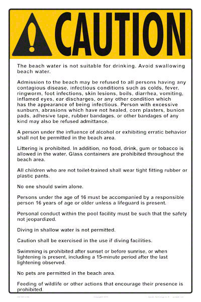 Beach Rules Caution Sign - 12 x 18 Inches on Styrene Plastic