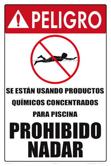 Danger Strong Pool Chemicals Sign in Spanish - 12 x 18 Inches on Heavy-Duty Aluminum