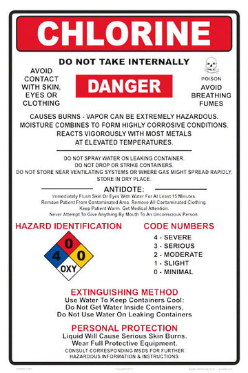 Chlorine Danger Instruction Sign - 12 x 18 Inches on Styrene Plastic