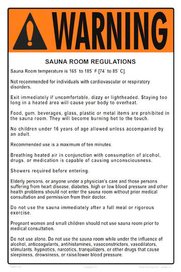 Sauna Room Regulations Warning Sign - 12 x 18 Inches on Styrene Plastic