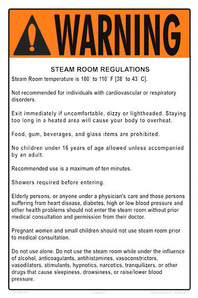 Steam Room Regulations Warning Sign - 12 x 18 Inches on Heavy-Duty Aluminum