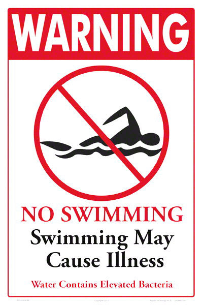 No Swimming Elevated Bacteria Warning Sign - 12 x 18 Inches on Styrene Plastic