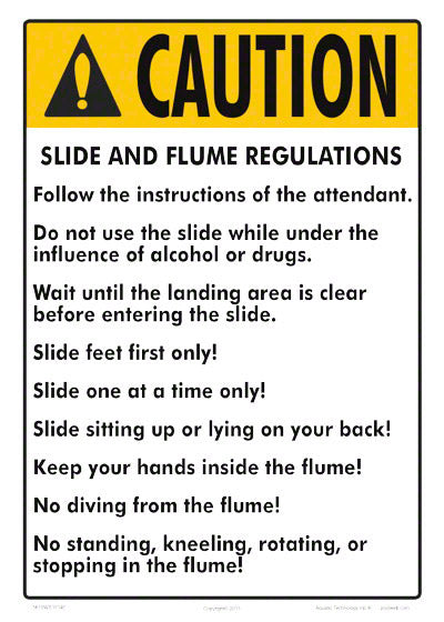 State Slide and Flume Regulations Caution Sign - 12 x 10 Inches on Styrene Plastic