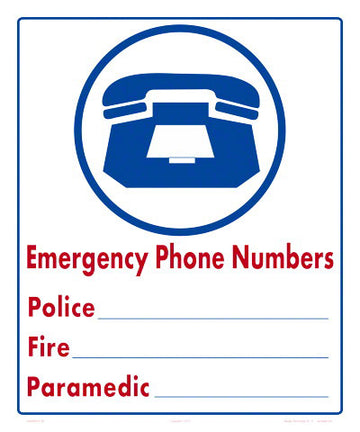 Emergency Phone Numbers Sign - 10 x 12 Inches on Heavy-Duty Aluminum