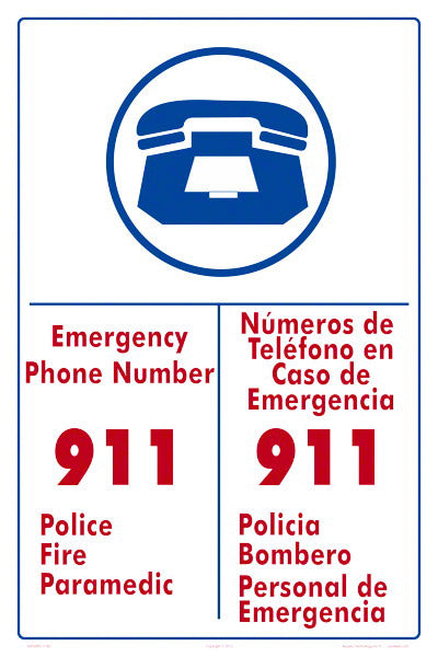Emergency Phone Number 911 Sign in English/Spanish - 12 x 18 Inches on Heavy-Duty Aluminum
