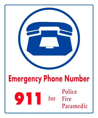 Emergency Phone Number 911 Sign - 10 x 12 Inch on Vinyl Stick-on