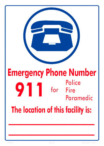Emergency Phone 911 With Facility Location Sign - 10 x 14 Inches on Styrene (Customize or Leave Blank)