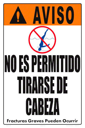 No Diving Allowed Warning Sign (4 Inch Lettering) in Spanish - 12 x 18 Inches on Styrene Plastic