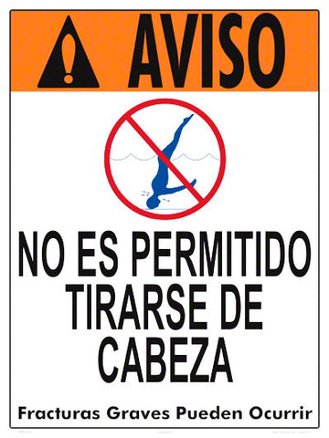 No Diving Allowed Warning Sign (4 Inch Lettering) in Spanish - 18 x 24 Inches on Styrene Plastic