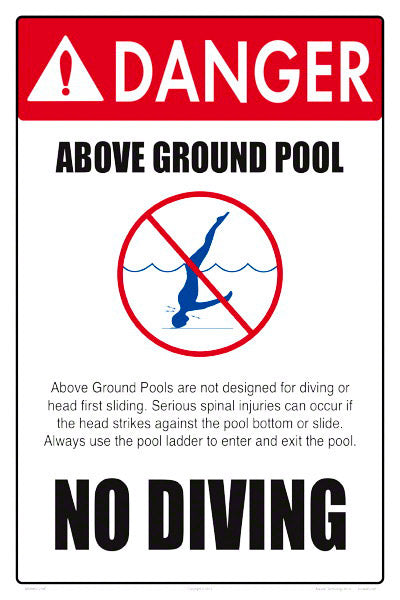 Danger No Diving Above Ground Pool Sign - 12 x 18 Inches on Heavy-Duty Aluminum