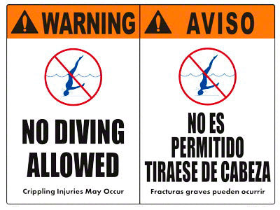 No Diving Allowed in English/Spanish - 24 x 18 Inches on Heavy-Duty Aluminum